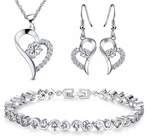 Kim Johanson Damen Schmuckset *Alexandra* in Silber I Halskette mit Anhänger & Ohrringe aus Edelstahl I Armband rhodiniert I Mit weißen Kristallen besetzt inkl. Schmuckbeutel