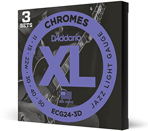 D'Addario Gitarrensaiten – XL Chromes E-Gitarrensaiten – flach gewickelt – poliert für ultraglattes Gefühl und warmen, sanften Klang – ECG24-3D – Jazz Light, 11-50, 3er-Pack