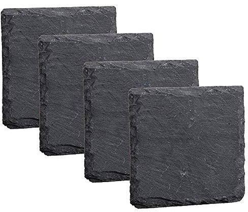 Homiu 4Pcs Slate Coasters | Dining Table Accessories Square Drink Coasters | Slate Black Stone Coasters Rock Rustic with Anti-Scratch Backing for Bar | Gifts, DIY, Kitchen, Home Decor