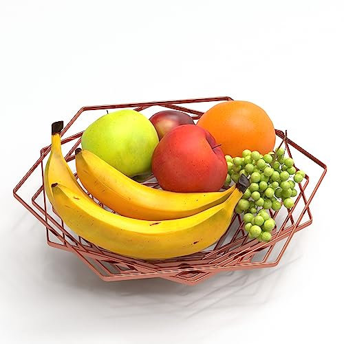 Buruis Große Obstschale, moderner Obstbehälter-Halter, sechseckiger Metall-Lebensmittel-Gemüsekorb, flache Süßigkeitenschale für Küche, Esstisch, dekorativer Ausstellungsständer (Kupfer)