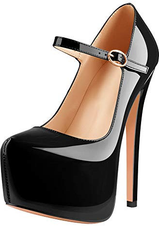 Only maker Damen Riemchen Pumps Mary Jane Schuhe Plateau Stiletto Lack High Heels mit Knöchelriemchen Schnalle Schwarz Lack 38 EU