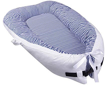 QIROG Neugeborenes Babybett Bionisches Uterusbett Babybett Nickerchen Nest Tragbares Kinderbett Babybett-36 meerblaue Streifen_80 * 50 * 10 cm
