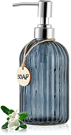 MOCLIF 16 OZ Soap Dispenser，Tempered Glass Clear Vertical Stripe with 304 Rust Proof Stainless Steel Pump Refillable Liquid Hand Soap Dispenser，for Bathroom, Kitchen, Dish Soap，Lotion (Blue Grey)