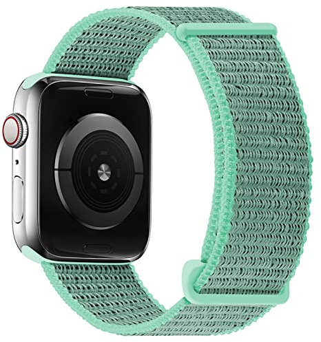 OXWALLEN Solo Loop Adjustable Braided Correa Compatible con Apple Watch 9/8/7/6/5/4/3 SE Ultra 2/1 49 45 44 42 41 40 38 mm, Nylon Elástico Ajustable Deportivo Reemplazo Correa para iWatch Marine Green