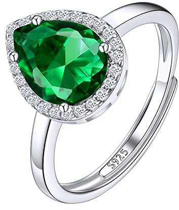 Suplight Damen Ringe aus 925 Sterling Silber Kristall Fingerring mit Geburtsstein Mai in Birnenschnittform Zirkonia Damenring Synthetischer Smaragd