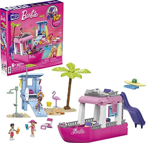 MEGA Barbie - Barca dei Sogni di Malibu, playset da costruire da 317 pezzi, include 3 mini bambole, 2 cuccioli e tanti accessori, giocattolo per bambini,, 6+ anni, HPN79