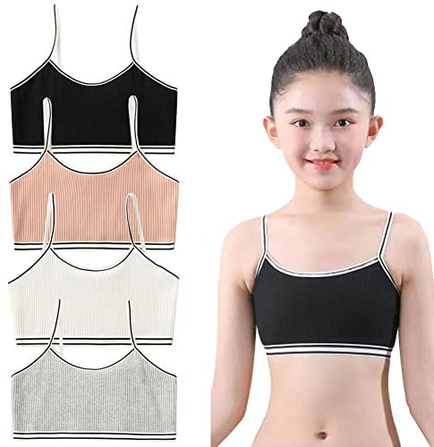 FedMois 4er Pack Mädchen Sport BH Bustier Baumwolle, Grau, Schwarz, weiß und Orange, 10-12 Jahre (Herstellergröße L)