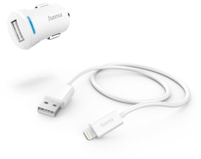 Hama Lightning-Zigarettenanzünder-Ladegerät (Kfz-Ladegerät mit Lightning-Kabel, 1 m, 12 W, für Samsung Galaxy S21 S22, Xiaomi, Sony, iPhone XR/XS Max/ 8 Plus, Huawei, LG, Wiko) Weiß
