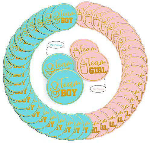 Geschlecht Offenbaren Aufkleber Selbstklebend Rund Babyaufkleber Etiketten mit Goldenen Buchstaben für Babydusche Dekorationen 48 Stücke (Blau und Rosa)