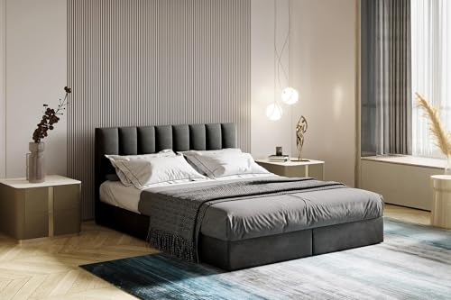 TRADA Boxspringbett 140 x 200 cm mit Bonellmatratze H3, City, Dunkelgrau | Modern Bett mit elegant gestepptes Kopfteil und Topper 5cm, Bettkasten