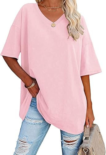 Ebifin Maglietta Oversize da Donna con Scollo a V Manica Corta Casual Sciolto di Base Estivo Magliette Camicetta.Rosa.S