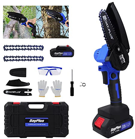 Mini Kettensäge Elektro Akku Handkettensäge Akku mit Sicherheitsschloss 4 Zoll Schnurloses Elektrisch Einhand Kettensäge, 21V Kleine Kettensäge Motorsäge für Garten Holz Baum (1 Batterien, 2 Ketten)