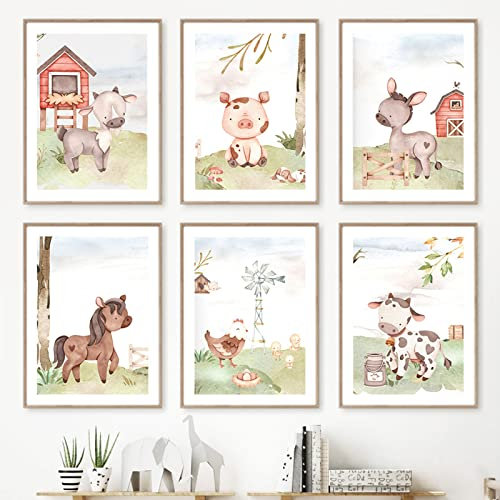 CPGG Set von 6 Pferd Kuh Schwein Huhn Bauernhof Tiere Kinderzimmer Wandkunst Leinwand Malerei Nordische Poster und Drucke Wandbild Baby Kinderzimmer Dekor-20x30cm (Kein Rahmen)