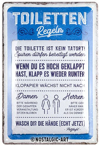 Nostalgic-Art Retro Blechschild, 20 x 30 cm, Toiletten-Regeln – Geschenk-Idee für die Toilette, aus Metall, Gäste WC Deko im Vintage Design mit Spruch, Blechschilder Sprüche