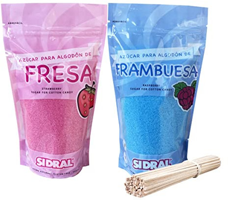 SIDRAL Azucar para Máquina Algodón (2 x 250 gr) con 25 Palitos Reciclables para Degustación - Lote de 2 Sabores (Fresa y Frambuesa), Azúcar para Algodón de Azúcar - Ideal para Fiestas (Normal)