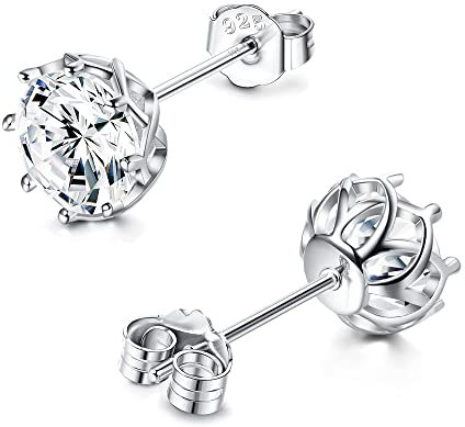 Sllaiss 925 Sterling Silber Ohrringe für Frauen Männer 6MM Zirkonia Ohrstecker Glänzend Zirkonia Ohrringe Weißgold Runden Zirkonia Ohrstecker C