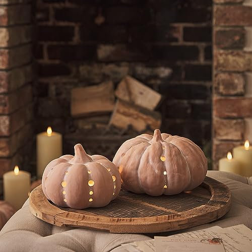 Lights4fun 2er Set LED Kürbis Terracotta Batteriebetrieb Timer Halloween Deko Herbst Dekoration Halloween Kürbis Outdoor