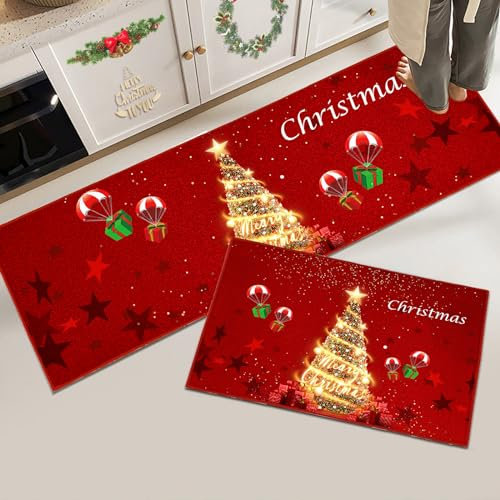 Hoimlm Weihnachts Küchenteppiche rutschfest Waschbarer, Flur Wohnzimmer Boden Badezimmer Küchen Teppich, Weihnachtsdekor, 43 x 150 cm+43 x 75 cm (Weihnachts B)