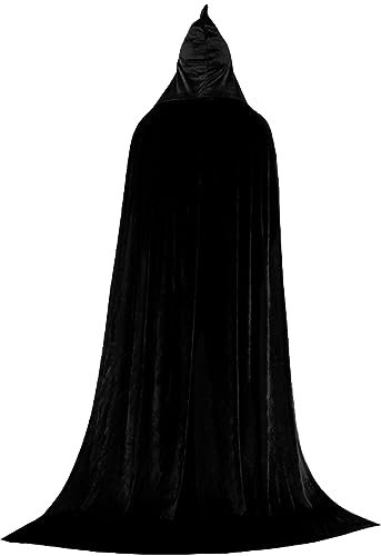 Schwarzes Umhang mit Hood Halloween Cape In voller Länge Unisex Velvet Hexen Umhang Terror Vampirgewand für Männer Frauen Cosplay Halloween Kostüm (L)