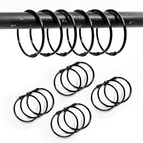 12 Piezas Ganchos para Cortina de Ducha, 50 mm Anillos de Metal, para Barra Redonda, Baño, Archivadores (Negro)