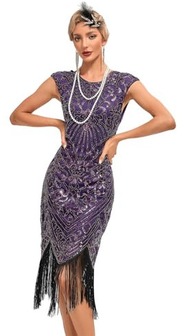 Viloree Vestito Gatsby Donne 1920s Vestito Abito Anni 20 Donna Flapper Dress 1920s Vestito da Sera Paillette Impreziosito Frange Gatsby Dress Viola (54) 2XL