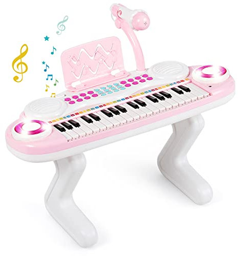 DREAMADE 37 Tasten Keyboard Kinder, Elektronische Klaviertastatur mit Mikrofon & Z-Ständer, Mini E-Piano, Digitalpiano mit Licht für Kinder ab 18 Monaten (Pink)