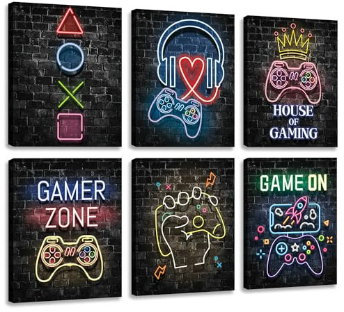 CHDITB 6 Stück Neon Gaming Poster,Game Wandbild für Kinderzimmer,Jugendzimmer Bilder Junge mit Rahmen(25x20CM),Spielkonsole Gamer Zone Gaming Zimmer Wanddeko für Jugendzimmer Spielzimmer Geschenk