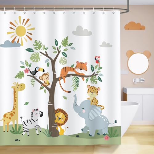 Bonhause Cortina de Ducha Animales Dibujos Animados para Niños León Elefante Jirafa Cortina de Baño de Poliéster Impermeable Antimoho Lavable Cortina Ducha 180 x 180 cm con 12 Ganchos