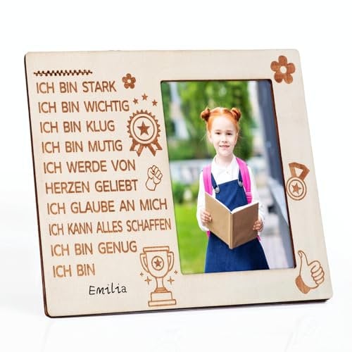 LOOPES Schulanfang Geschenk Kinder Bilderrahmen Schulkind Geschenk Ermutigung Rahmen Holz Fotorahmen Einschulung Tischdeko für Mädchen Jungen Schuleinführung Geschenke Einschulung Weihnachten