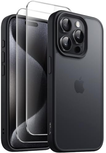 JETech 3 in 1 Matte Case for iPhone 15 Pro Max 6.7-Inch with 2-Pack Tempered Glass Screen Protector, Translucent Frosted Shockproof Phone Cover (Black)
