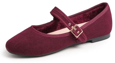 Feversole Women's Soft Cushion Extra Padded Comfort Round Toe Mary Jane Metal Buckle Fashion Ballet Flats Walking Shoes Burgundy Corduroy Short Plush Lining UK Size 7