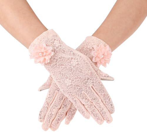 Mikovivi Gants en Dentelle, Gants Courts en Dentelle pour Femme, Gants de Thé Gants en Dentelle Florale Gants de Mariage pour Soirée Mariage Bal de Promo Cosplay (Rose)