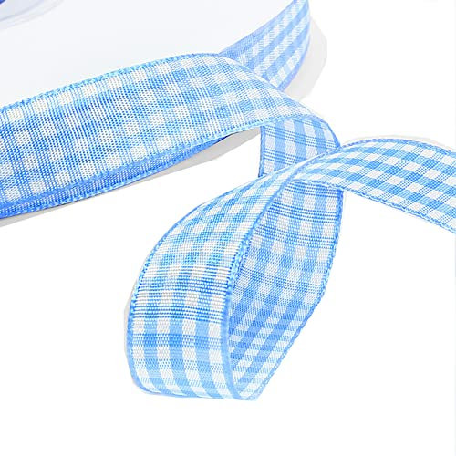Kariertes Band 50 Yard 10mm Gingham Band Weihnachtsband Geschenkband Dekoband Schleifenband Plaid Ribbon Karo Stoffband Karoband Bastelband Geschenk Verpacken Hochzeit Party Deko Light blue