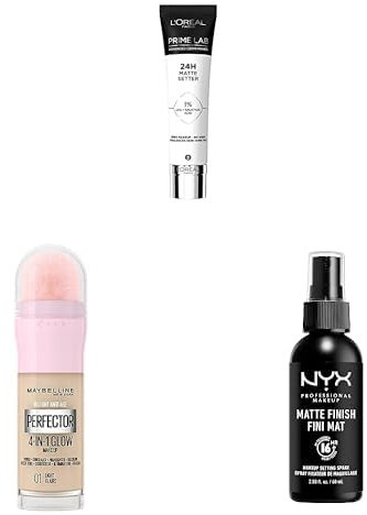 Bundle of L'Oréal Paris Matte Setter Primer, Prime Lab 30ml + Maybelline New York 4-in-1 Make Up Instant Perfector Glow, Nr. 01 Light, 20 ml + NYX Professional Makeup Setting Spray,Matte Finish, 60 ml
