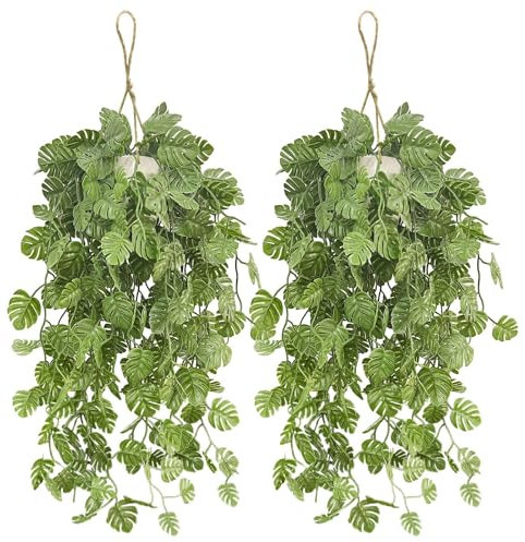 Daily Treasures 2 Pack Artificial Hanging Plants in Pot,33.4in Realistic Hanging Plants,Lush Foliage Tropical Monstera Artificial Vine,Fake Monstera Vine for Wall Home Room Indoor Outdoor Decor