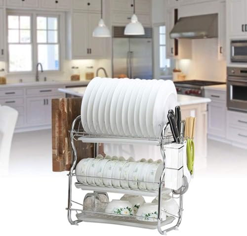 CROWNSHOP 3 Tier Dish Drainer Rack with Drip Tray Stainless Steel Dish Drying Rack with Chopstick Holder Drainboard Chopsticks Knives Cutting Board Holder for Kitchen White