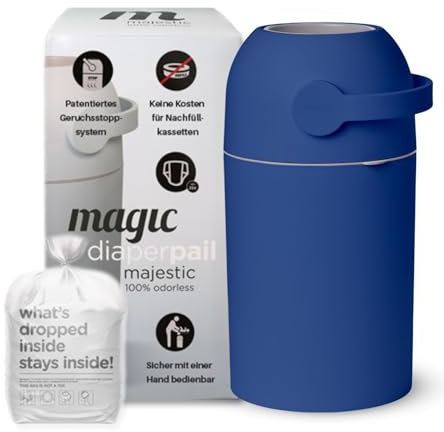 Magic Majestic Windeleimer Geruchsdicht & Windel Blaubaer - Wickeleimer, mit Geruchsstopp-System, Einhändige Bedienung, Windeleimer Windelmülleimer, 25 Windeln Fassungsvermögen, Mülleimer Badezimmer
