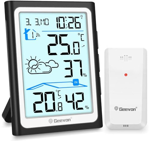 Geevon Wetterstation Funk mit Außensensor, DCF Digital Wettervorhersage, Innen/Außen Temperatur Hygrometer, Funkwetterstationen, Alarmfunktion und Mehrfachmontageoptionen Wecker(256305 ohne batterien)
