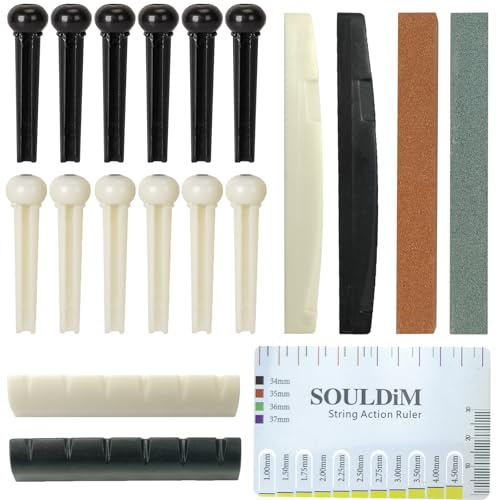 12 Stegstifte für Akustikgitarren, Wirbel für Akustikgitarren Stegstifte | Zubehör für Guitar Bridge Pins, mit 2 Sätze Stege, 1 Actionlineal, 2 Feilen zum Einstellen, Werkzeug für Akustische Gitarren