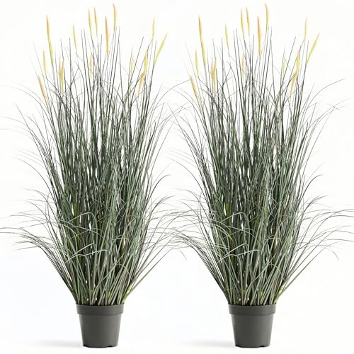Faux 4ft 2-Pack Horsetail Reed Grass with Pink Spikes, 48in Tall Indoor Outdoor Fake Grass in Pot, Home Office Decorative Artificial Plant & Greenery, Wedding Decor Green Bristlegrass