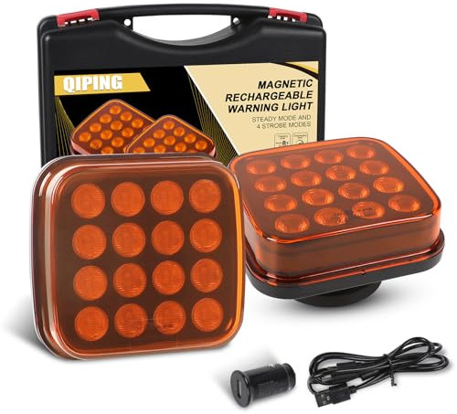 Qiping Rundumleuchte Akku, 12V/24V Gelbe Kabellose Warnleuchte mit Magnetischer Sockel, Wiederaufladbare LED Rundumleuchte Magnet, Schnurlos Rundumleuchte fürs Traktor KFZ LKW RV E-Mark