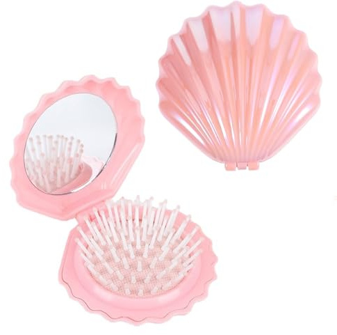 1 Brosse à Cheveux Pliable Voyage avec Miroir – Modèle Coquillage pour Femmes & Filles, Peigne Miniature de Massage & Miroir de Maquillage – Idéal pour Cadeau – Format Compact & Léger