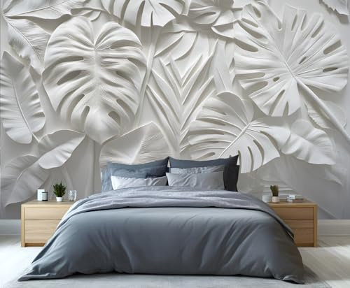 GIVLWF Monstera Leaves Wallpaper, 3D Relief Tropical Leaf Bedroom Wallpaper, Abstract White Wall Paper for Living Room, Not Self Adhesive Retro Wall Mural, Simple Large Mural & Room Decor