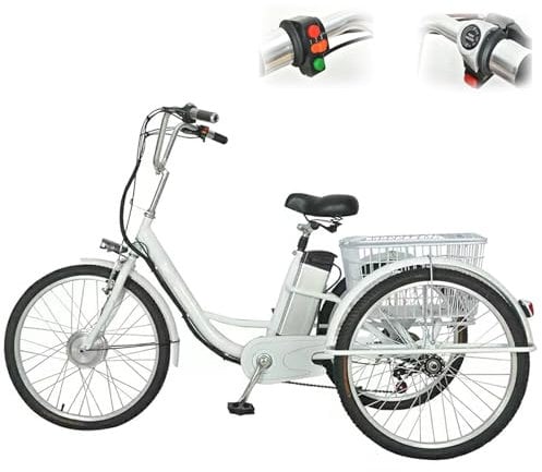 SUNBGRPYE 24″ Adult Electric Tricycle (3 Speed Adjustment), 3 Wheel Shopping Bike, 48v 12ah Removable Battery (35km Range), 150kg Load Capacity, With Large Basket, Smooth Comfortable Ride,White