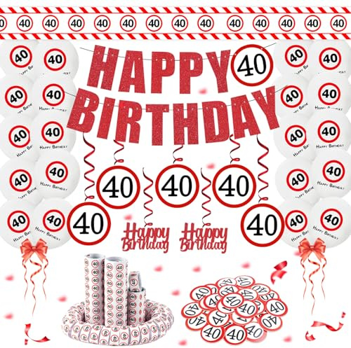 ALEGRE Decorazione per 40° compleanno, uomo e donna, cartello stradale, 40° compleanno, decorazione con nastro di bloccaggio, 40° compleanno, palloncini, stelle filanti, coriandoli, spirali, ghirlanda