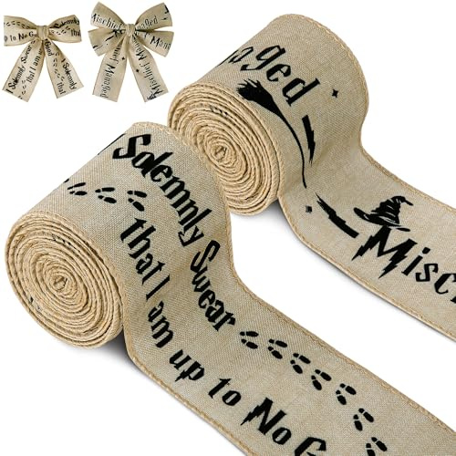 Mizelu 2 Rolls 2.5 x 6 Yards Christmas Wizard Wired Ribbon, Wizard Wired Edge Fabric Ribbon, Christmas Tree Bow Making Fabric Ribbons for Xmas DIY Crafts Gift Wrapping Party Decoration