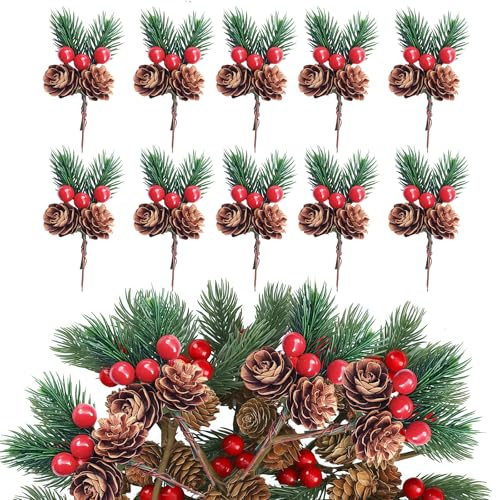 10Pcs Fake Christmas Holly Red Berry Stems Floral Pine Cones Christmas Pines Needles Holly Berry Stems Decor for DIY Xmas Craft Wreath Decoration