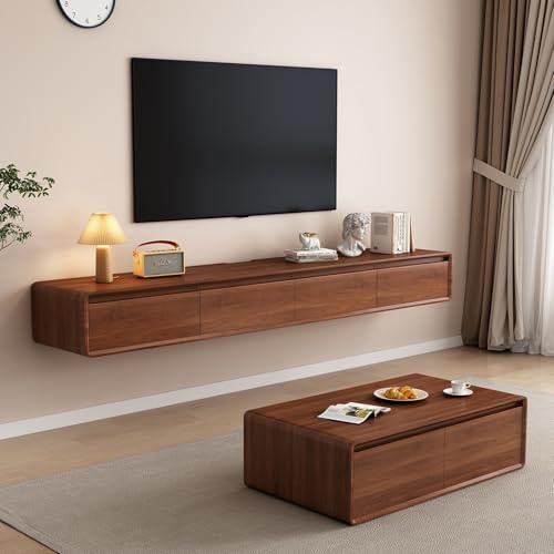 Floating TV Cabinet Wall Mounted Media Console with Drawers & Doors, Space-Saving Entertainment Center TV Shelf for Home Theater, Living Room, Bedroom(Walnut,160CM)