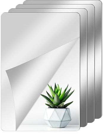 Lunhoo Self-Adhesive Mirror Tiles, 30 x 20 cm, 4 Pcs, Plastic Acrylic Wall Mirrors Sheet, Full Length Long Mirror Stickers on Walls, Wardrobe Doors, Gym, Bathroom, Living Room