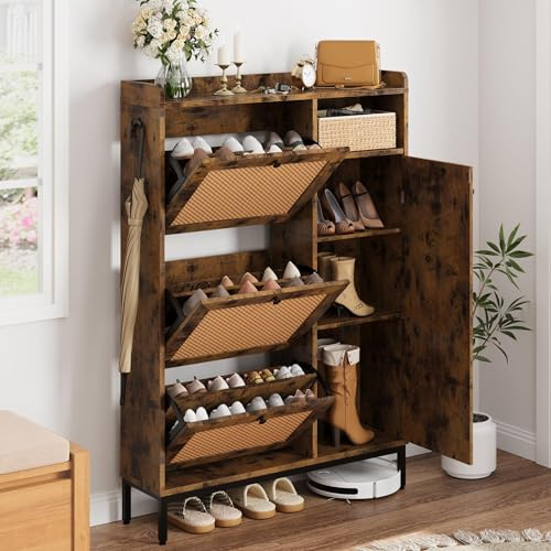 OPULENTHOME Schuhschrank Schmal, Schuhschrank Rattan mit 3 Klappen,Freistehender Schuhkipper mit Verstellbaren Einlegeböden,Mit Kippschutz-Set, für Eingangsbereich, Flur 90x24x131 cm,Braun